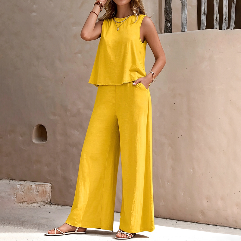 Best-selling solid-color crew-neck tank top and wide-leg pants set