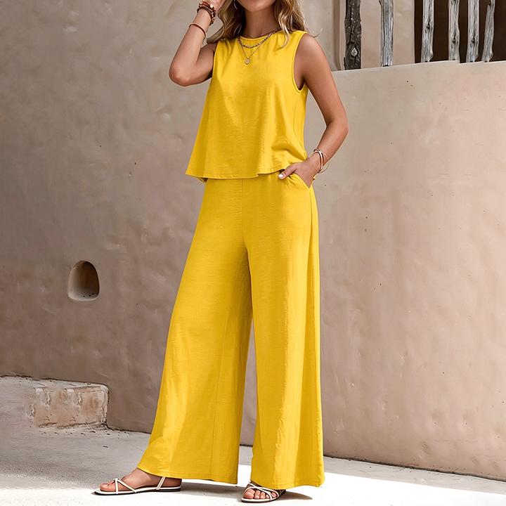 Best-selling solid-color crew-neck tank top and wide-leg pants set