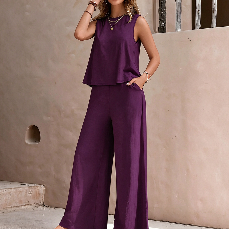 Best-selling solid-color crew-neck tank top and wide-leg pants set