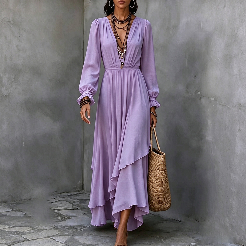 Solid-color V-neck chiffon dress (with asymmetrical ruffles)