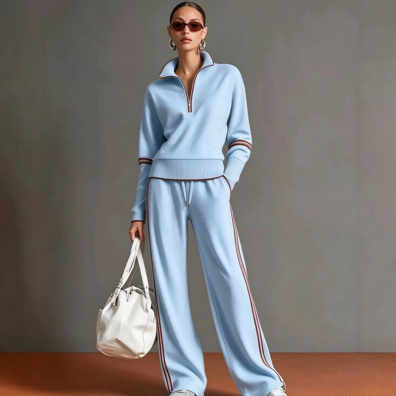 Stand-collar striped top and draped-fit joggers