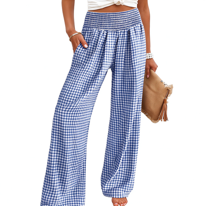 High-waisted, wide-leg plaid trousers—a stylish choice