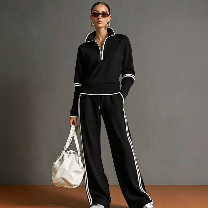 Stand-collar striped top and draped-fit joggers