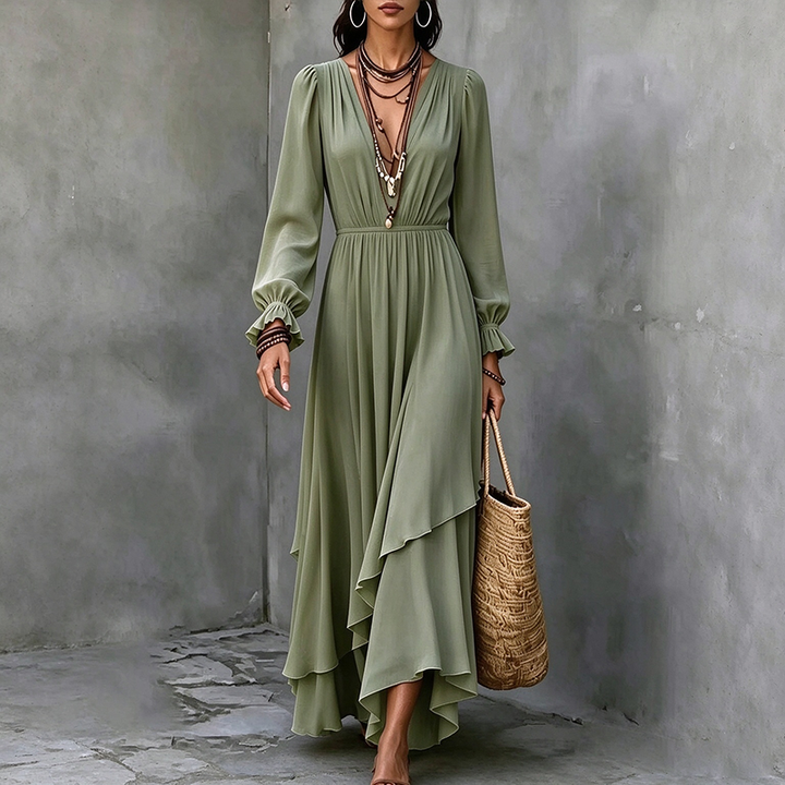 Solid-color V-neck chiffon dress (with asymmetrical ruffles)