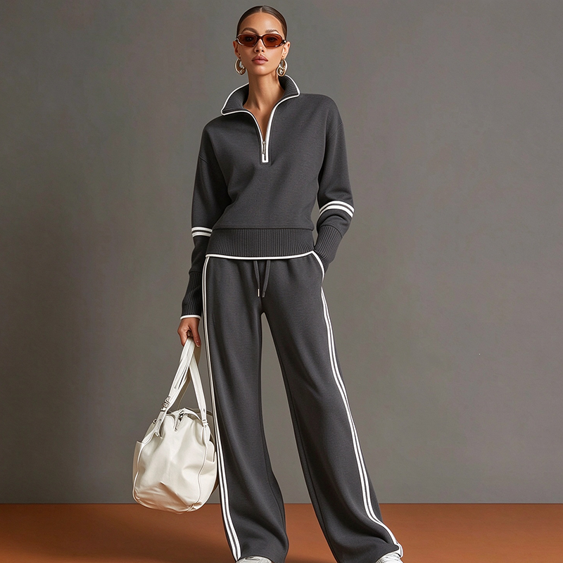 Stand-collar striped top and draped-fit joggers