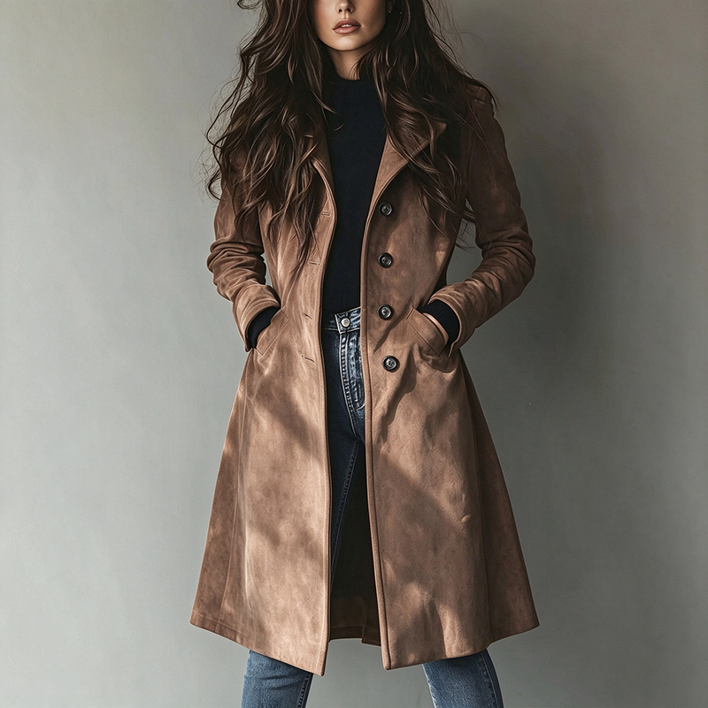Eye-catching, stylish, casual-style faux suede trench coat