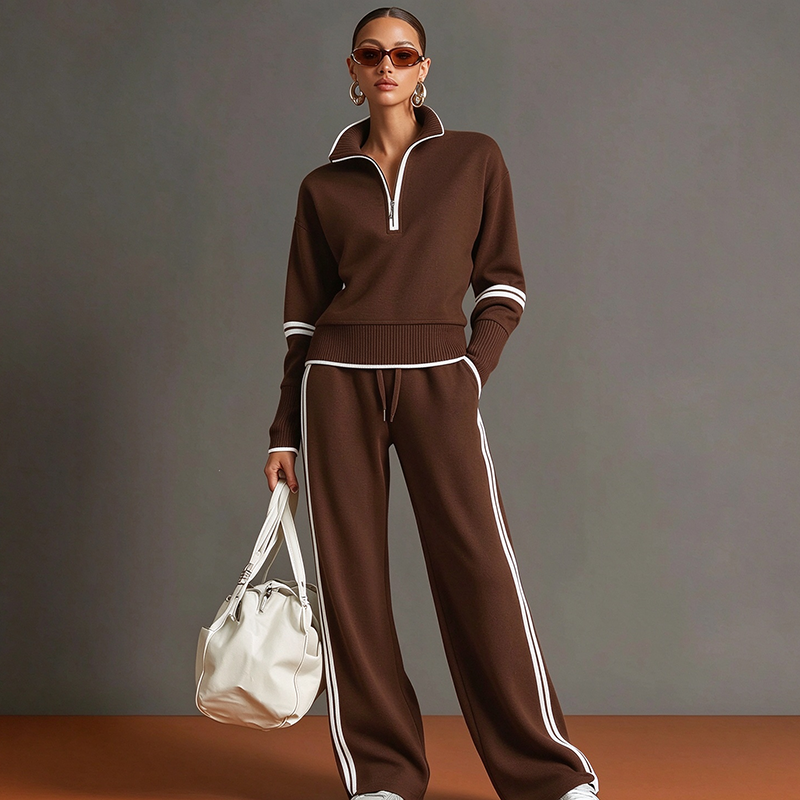 Stand-collar striped top and draped-fit joggers