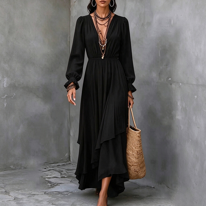 Solid-color V-neck chiffon dress (with asymmetrical ruffles)