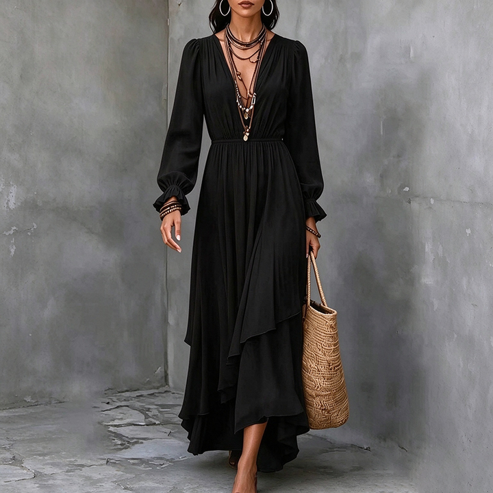 Solid-color V-neck chiffon dress (with asymmetrical ruffles)