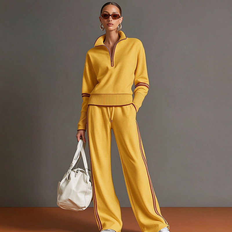 Stand-collar striped top and draped-fit joggers