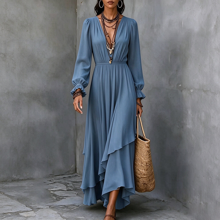 Solid-color V-neck chiffon dress (with asymmetrical ruffles)