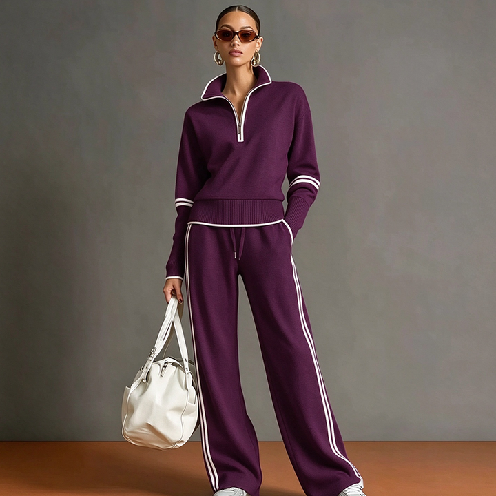 Stand-collar striped top and draped-fit joggers