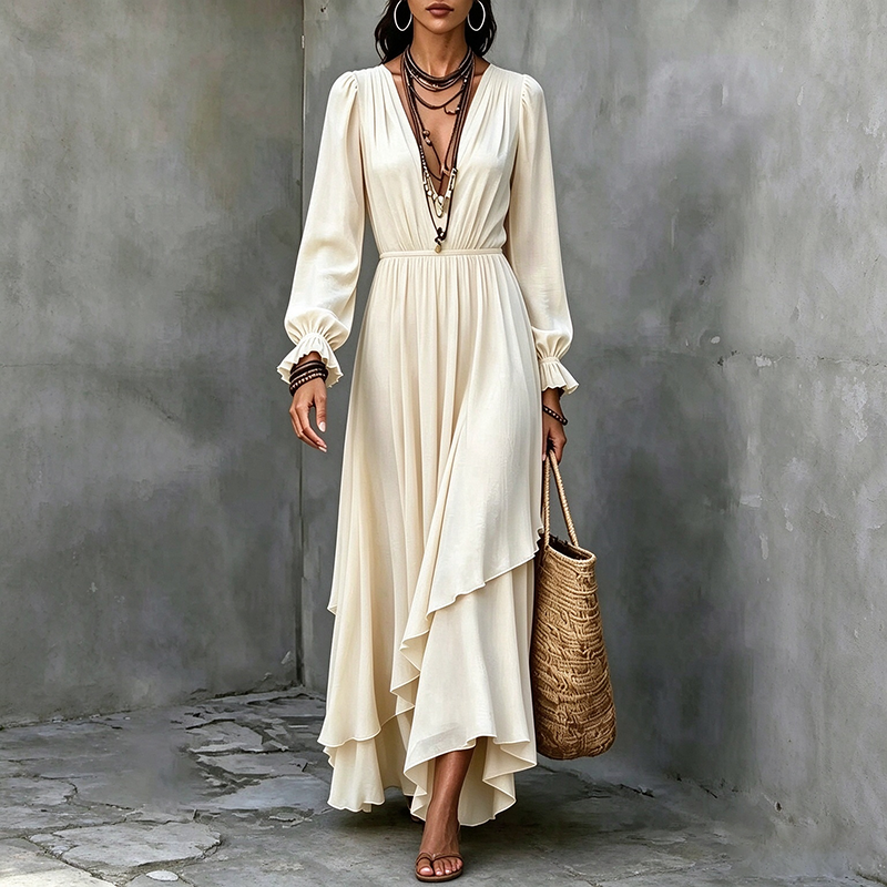 Solid-color V-neck chiffon dress (with asymmetrical ruffles)