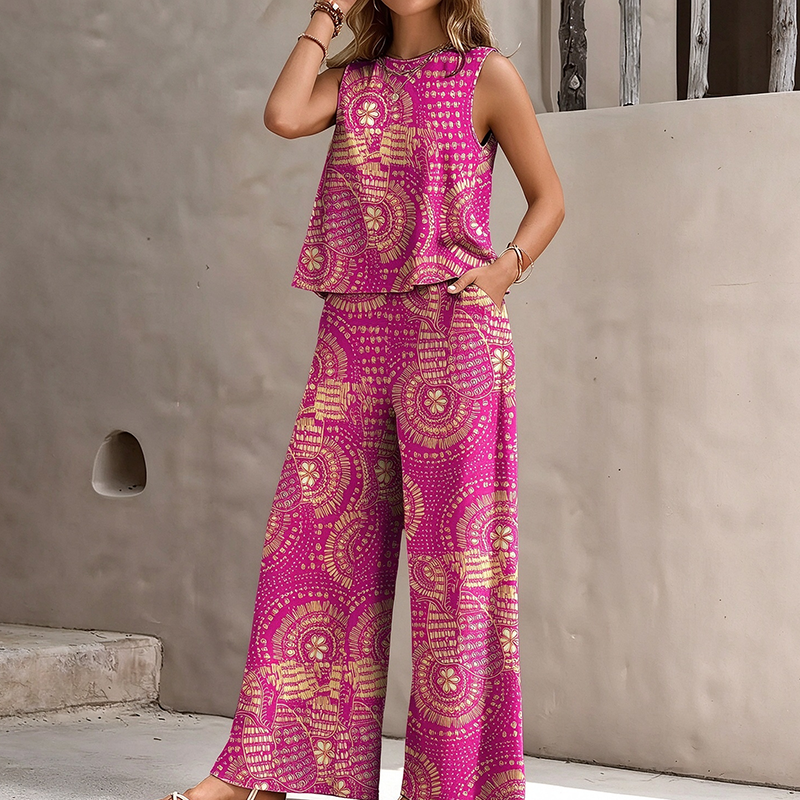 Best-selling solid-color crew-neck tank top and wide-leg pants set