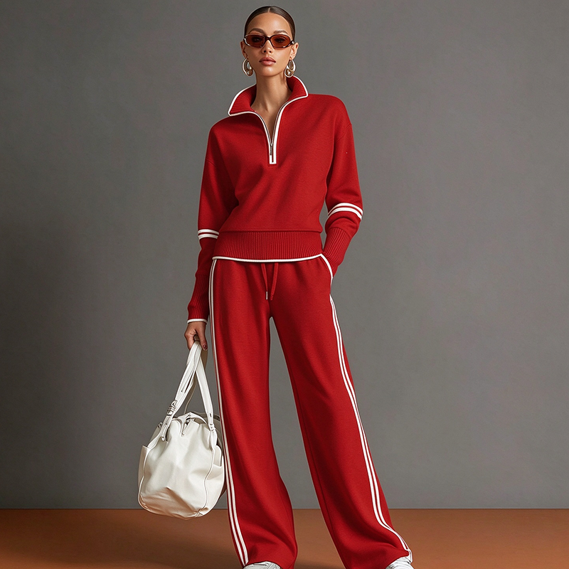 Stand-collar striped top and draped-fit joggers