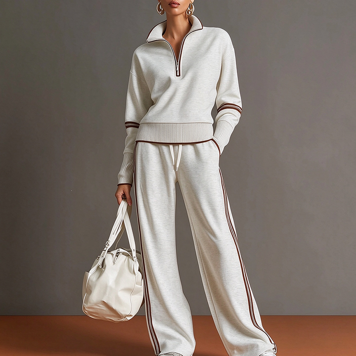 Stand-collar striped top and draped-fit joggers