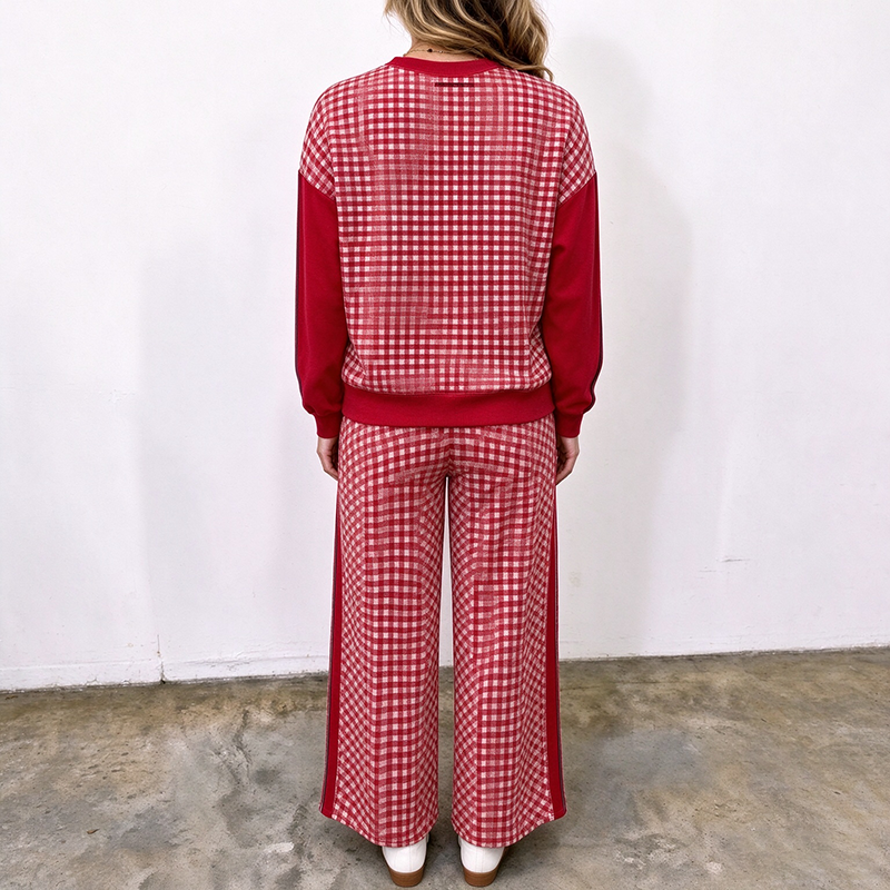 Plaid-paneled crew-neck top and drawstring wide-leg trousers