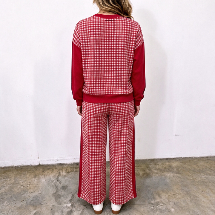 Plaid-paneled crew-neck top and drawstring wide-leg trousers