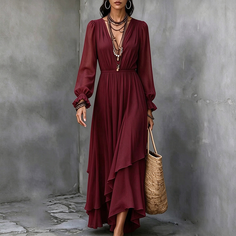 Solid-color V-neck chiffon dress (with asymmetrical ruffles)
