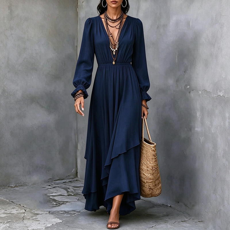 Solid-color V-neck chiffon dress (with asymmetrical ruffles)