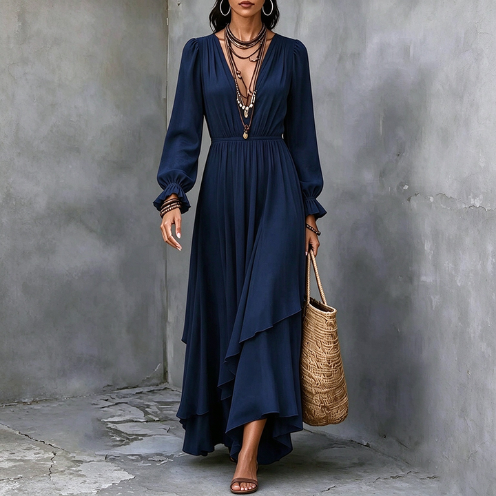 Solid-color V-neck chiffon dress (with asymmetrical ruffles)