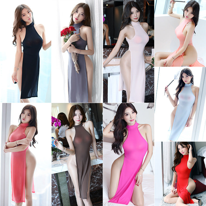 New sexy pajamas long cheongsam open back slit