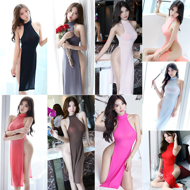 New sexy pajamas long cheongsam open back slit