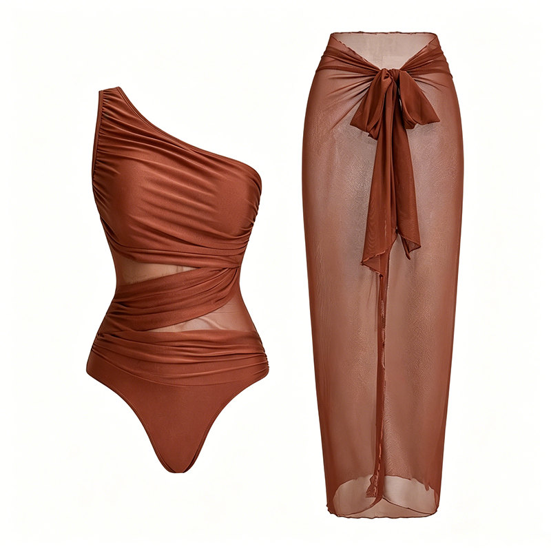 Mesh-Paneled One-Piece Swimsuit (with Wrap Skirt)