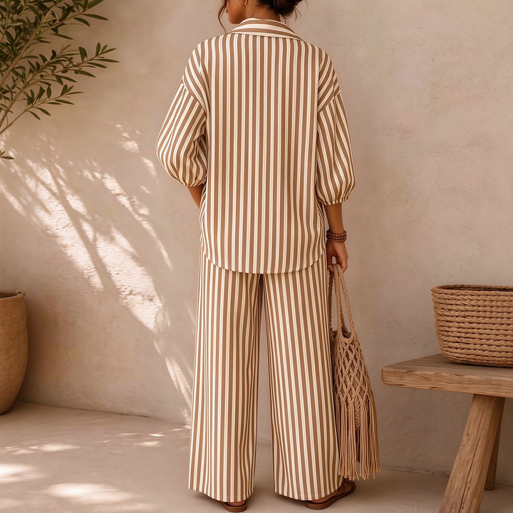 New Summer Striped Three-Quarter Sleeve Top and Straight-Leg Pants Set
