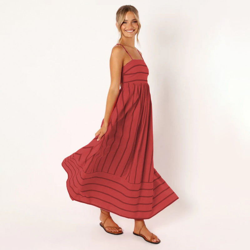 Striped Backless Spaghetti-Strap Dress