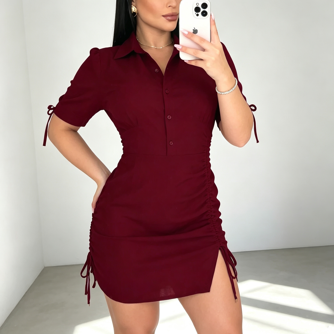 New stylish solid-color short-sleeve drawstring shirt dress