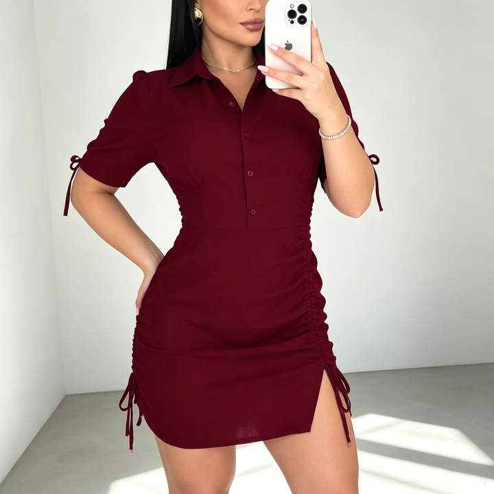 New stylish solid-color short-sleeve drawstring shirt dress