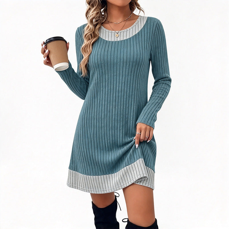 Plaid-Panel Casual Knit Sweater Dress