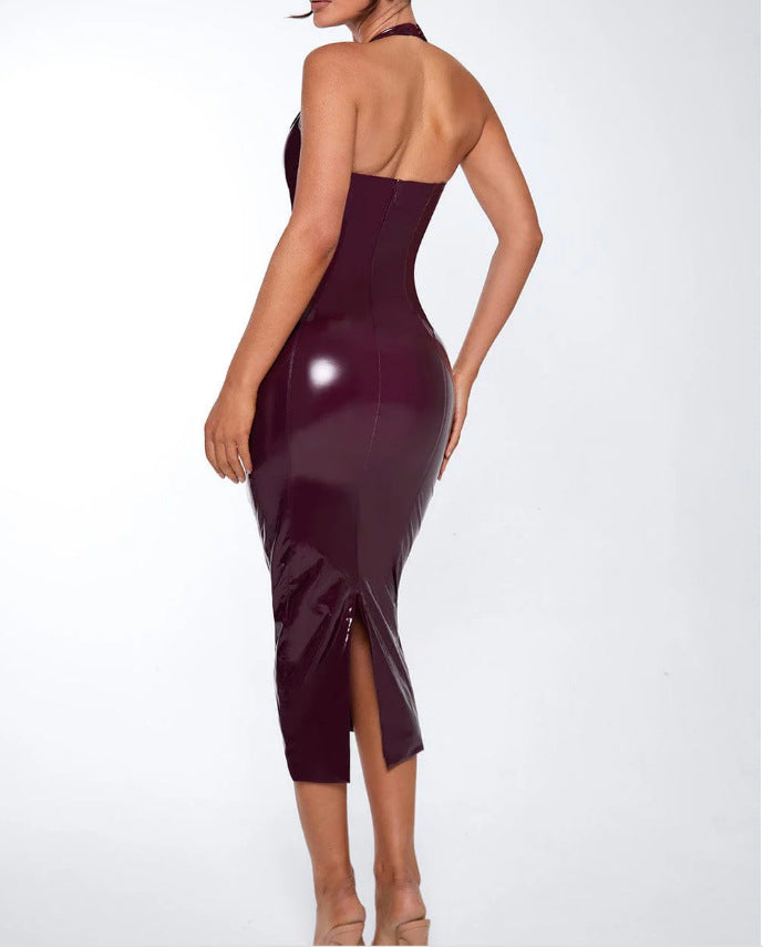 Leather Halter Sleeveless Fitted Hip Dress
