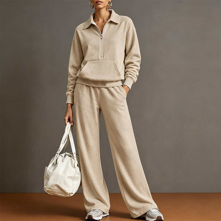 Style a half-zip sweatshirt with casual wide-leg trousers