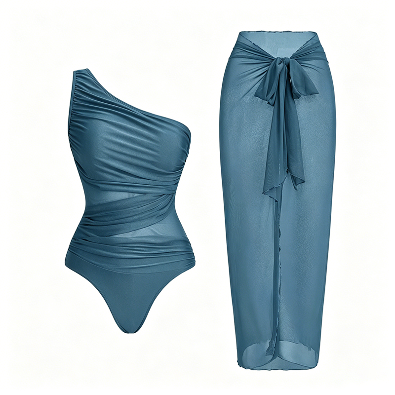 Mesh-Paneled One-Piece Swimsuit (with Wrap Skirt)