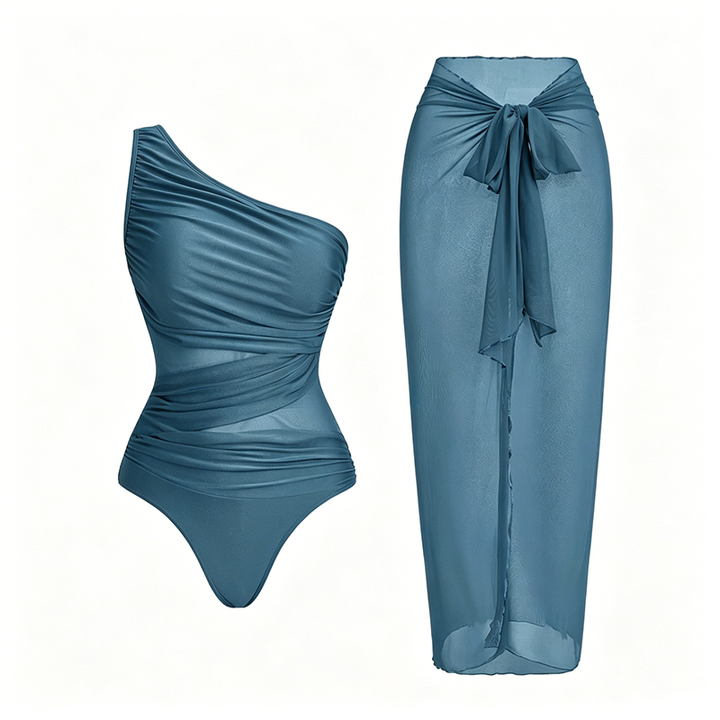 Mesh-Paneled One-Piece Swimsuit (with Wrap Skirt)
