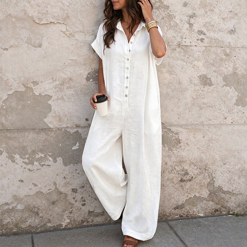 Casual solid-color short-sleeved romper for summer