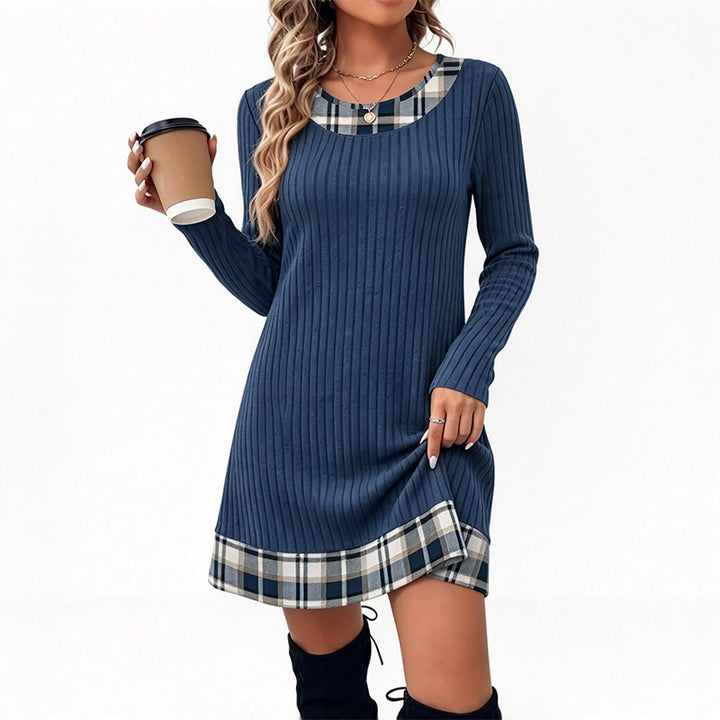 Plaid-Panel Casual Knit Sweater Dress