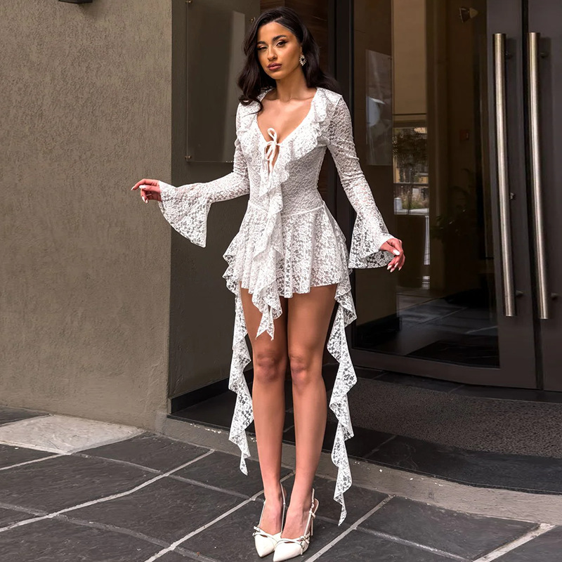 New Lace Deep V-Neck Ruffled Dress