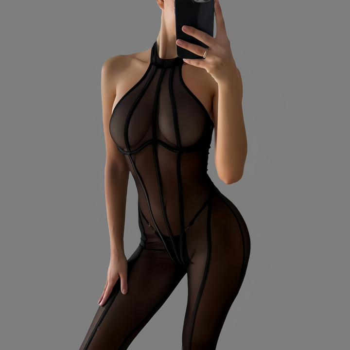 Slimming vertical-striped sheer jumpsuit
