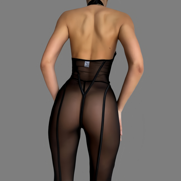 Slimming vertical-striped sheer jumpsuit