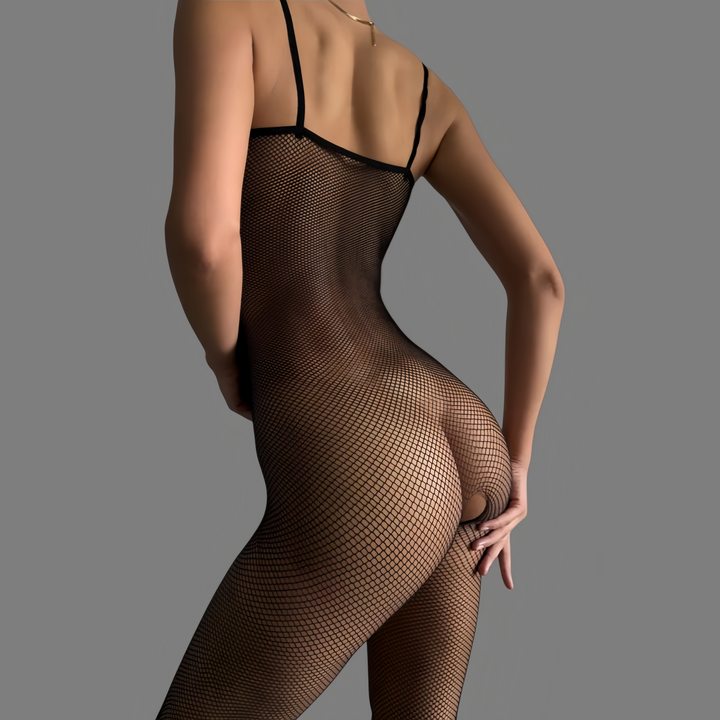 Trendy fishnet bodysuit with a sexy bow.