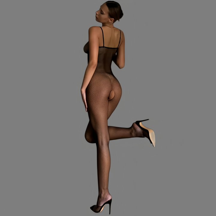 Trendy fishnet bodysuit with a sexy bow.