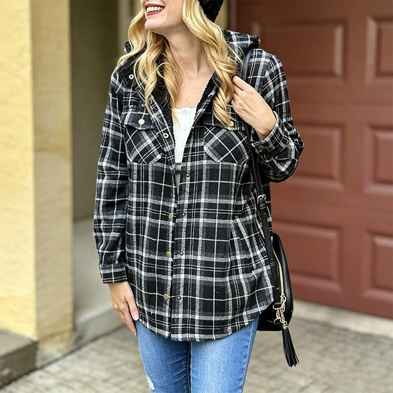 Best-selling plaid long-sleeve hooded wool jacket