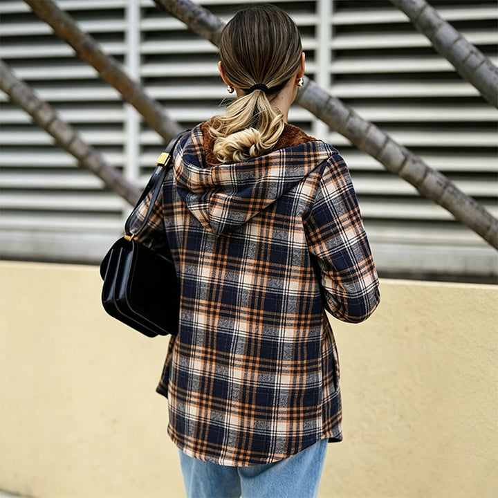 Best-selling plaid long-sleeve hooded wool jacket