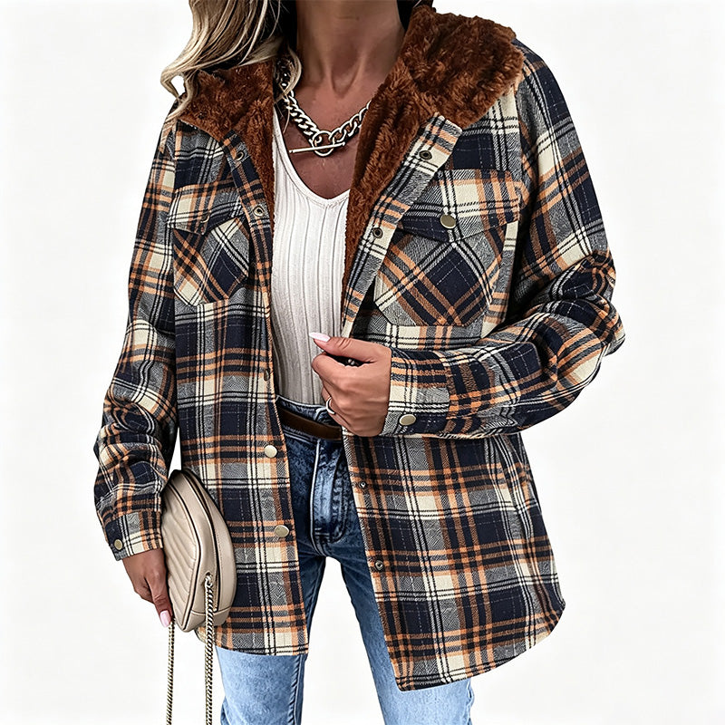 Best-selling plaid long-sleeve hooded wool jacket