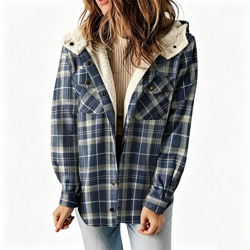 Best-selling plaid long-sleeve hooded wool jacket