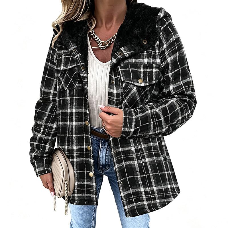 Best-selling plaid long-sleeve hooded wool jacket