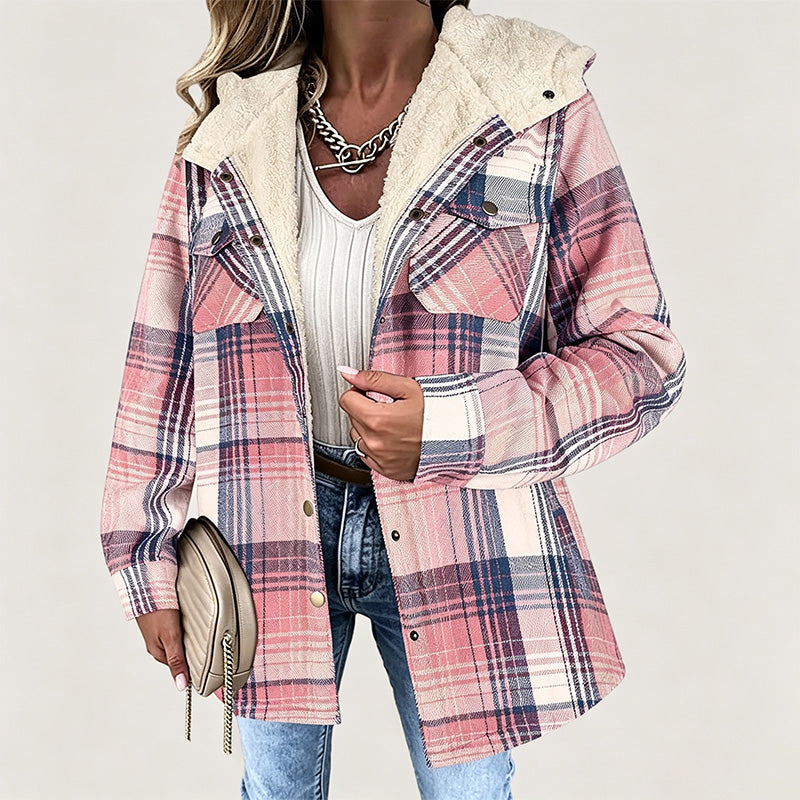 Best-selling plaid long-sleeve hooded wool jacket